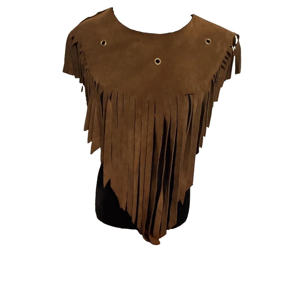 Vintage BOHO Suede Leather Fringe Poncho Native Top Grommets Reversible Brown
